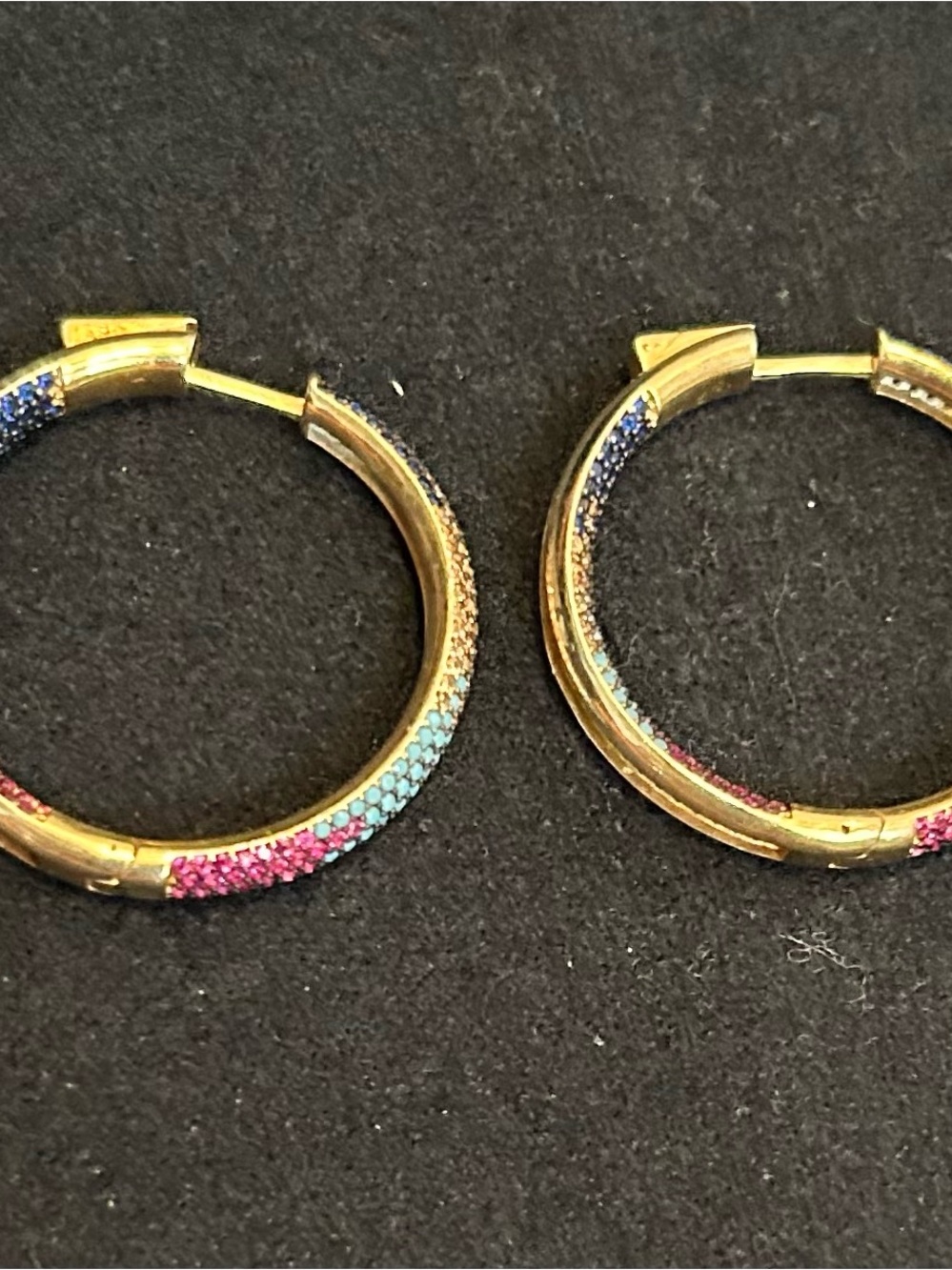 Source Unknown Gold Hoop Earrings with Blue and Pink Pave